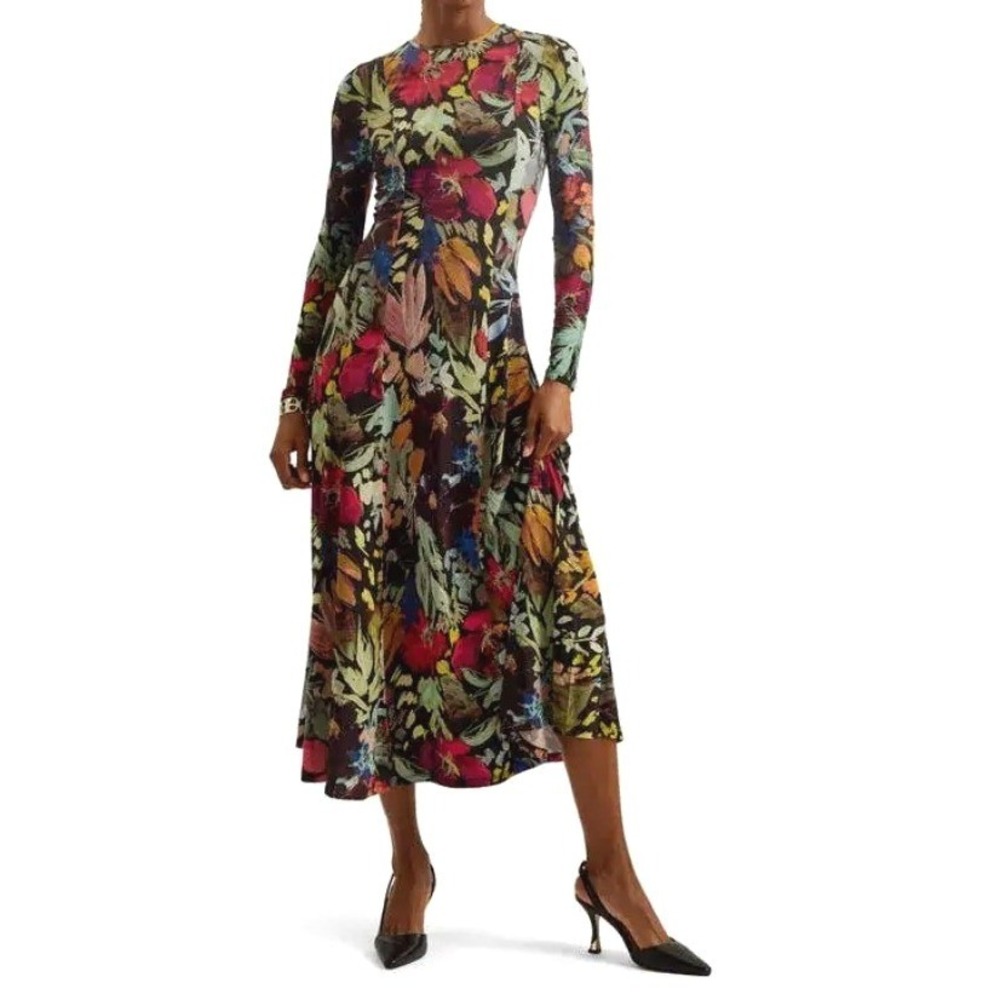 Ted Baker Alexann Floral Midi Dress 2 US6 Black Multicolor Long Sleeve Elegant